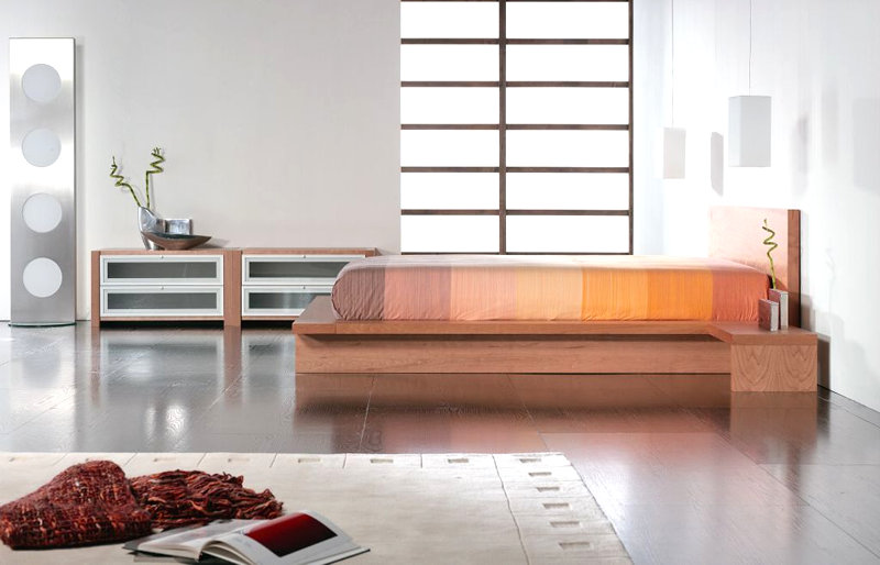 Staccato Bed (side view) in Cherry finish, with attached Nightstands