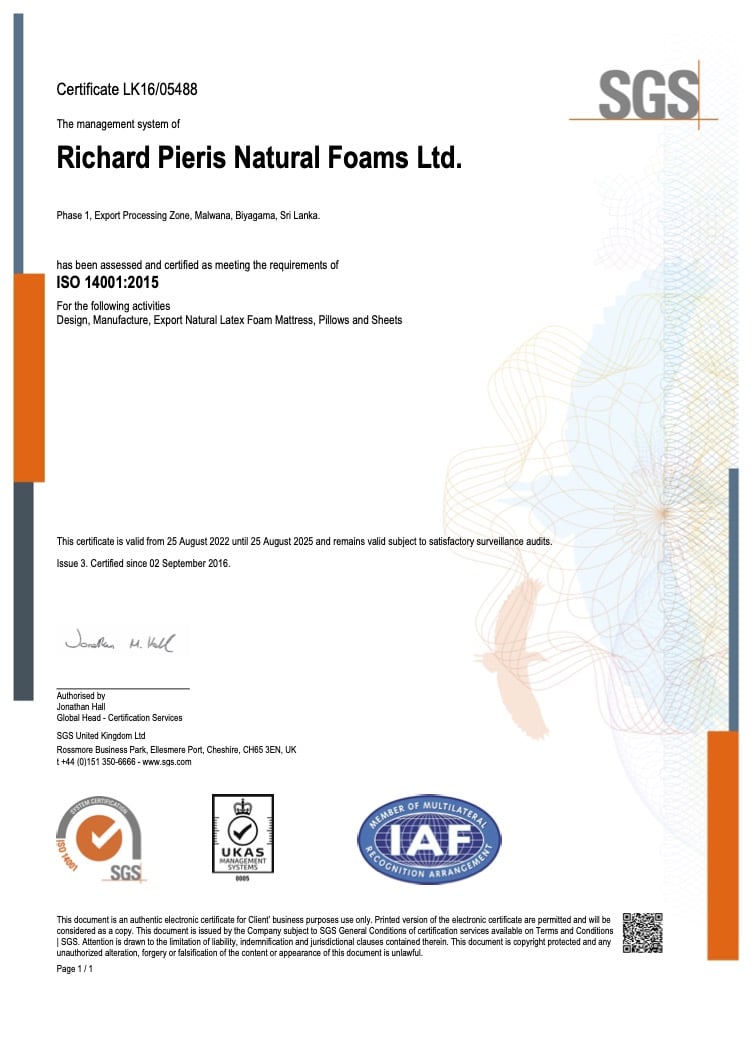 Natural Latex ISO 14001:2015 SGS certificate