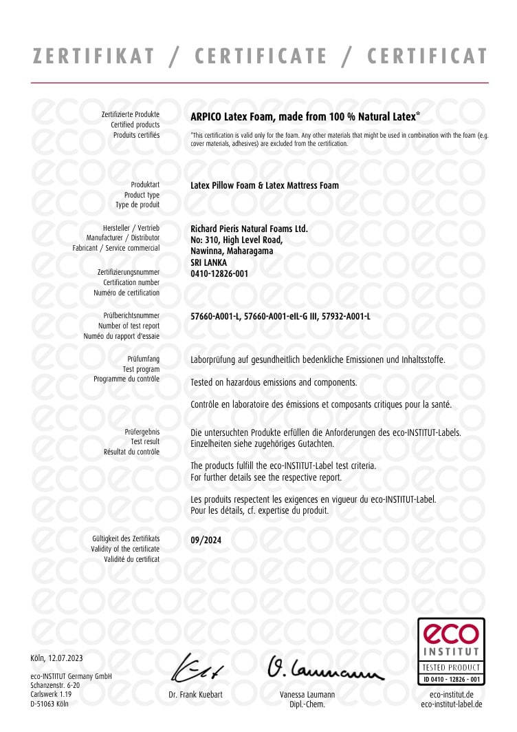 Organic Natural Latex Foam certificate page 1