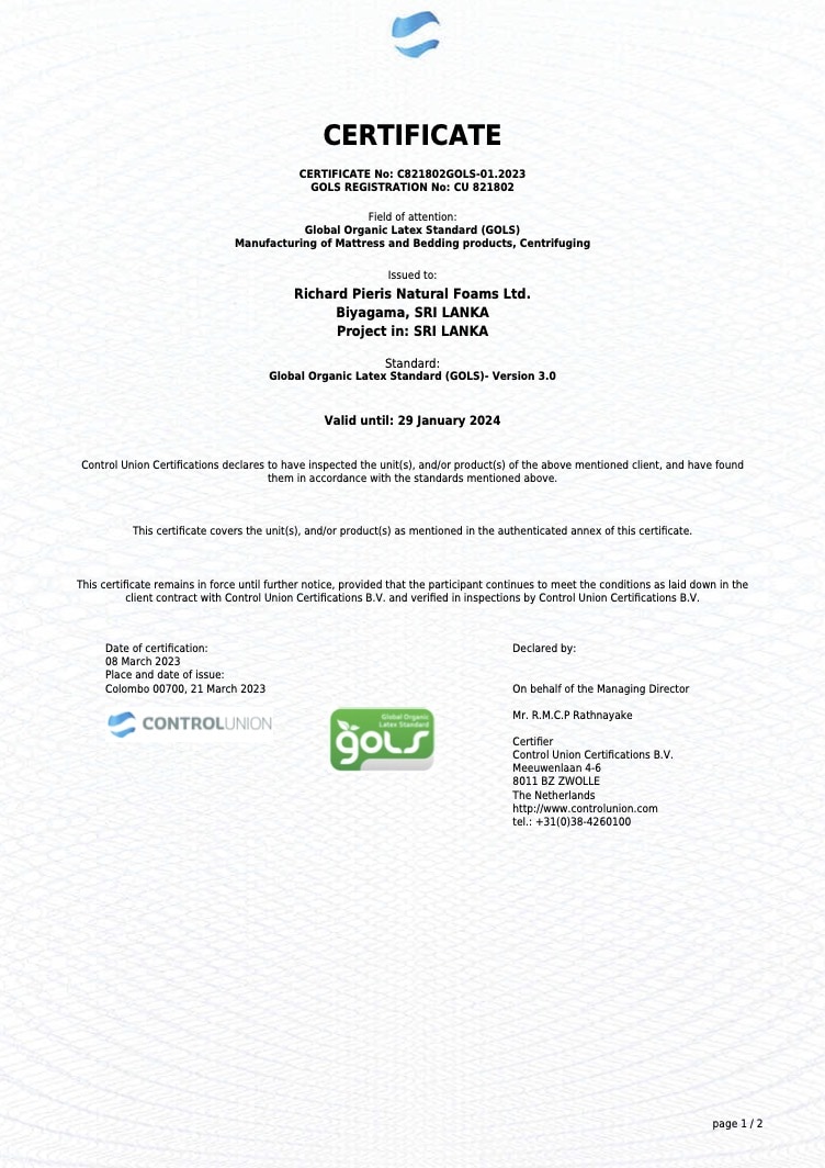 Organic Latex GOLS certificate page 1