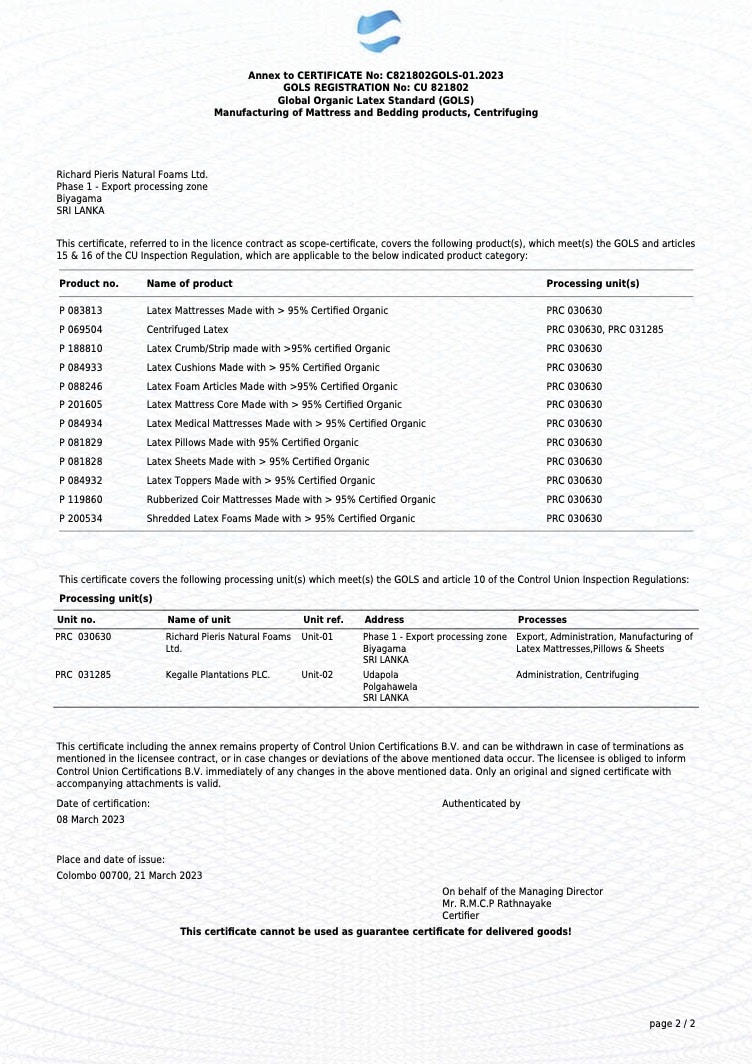 Organic Latex GOLS certificate page 2