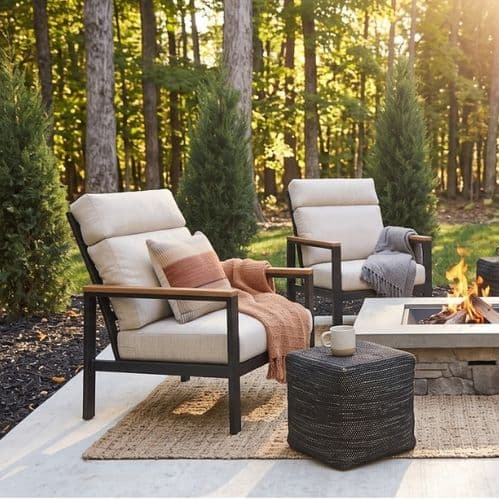 Replacement backrest pads and custom outdoor cushions designed for a modern garden armchair.