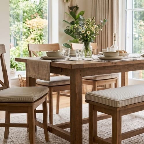 Custom made cushion on a dining bench and chairs in a dining room.