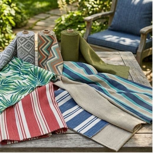 Moisture wicking upholstery fabric laid out on a table
