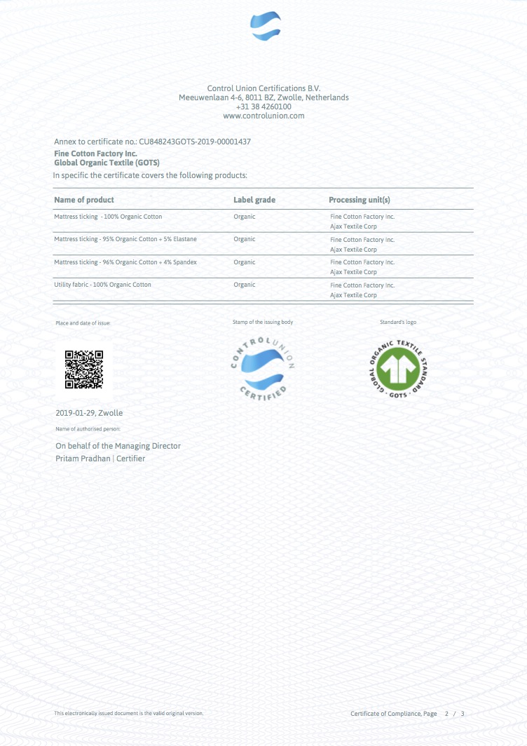 Organic Cotton certificate, page 2