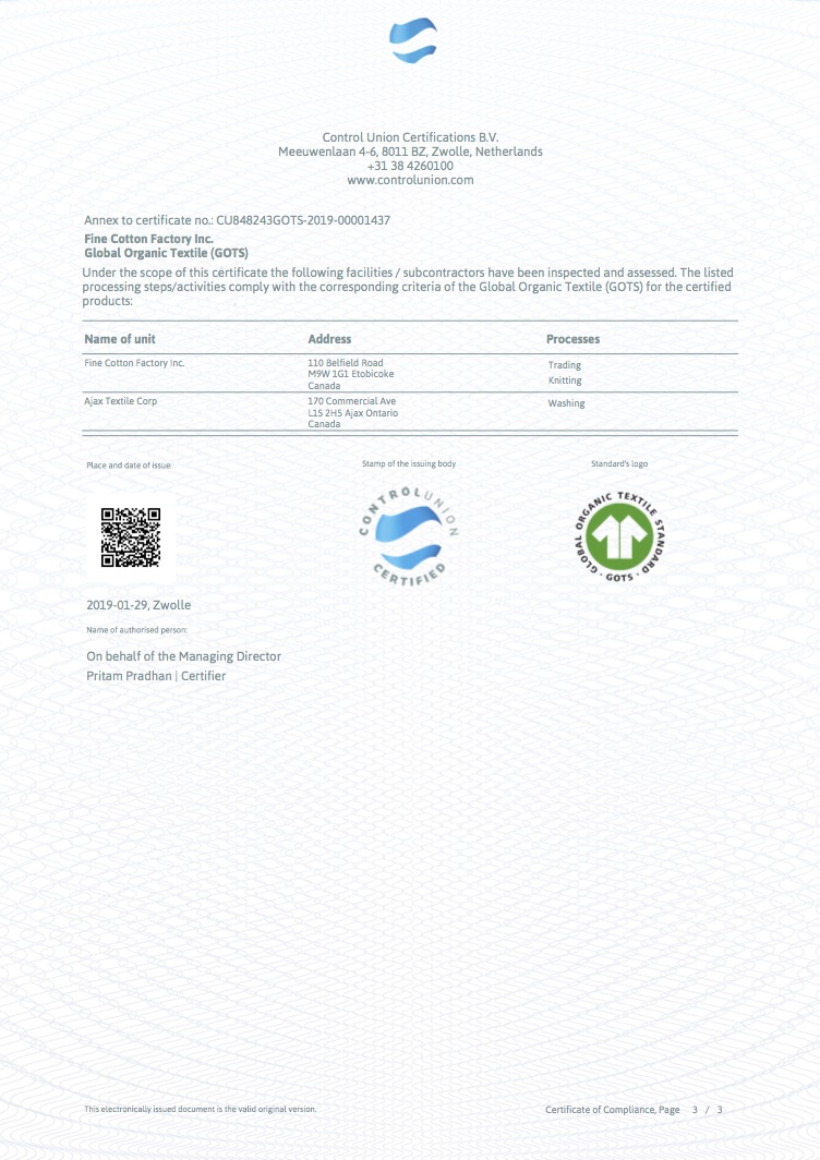 Organic Cotton certificate, page 3