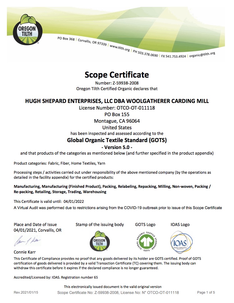 Organic Wool certificate, page 1