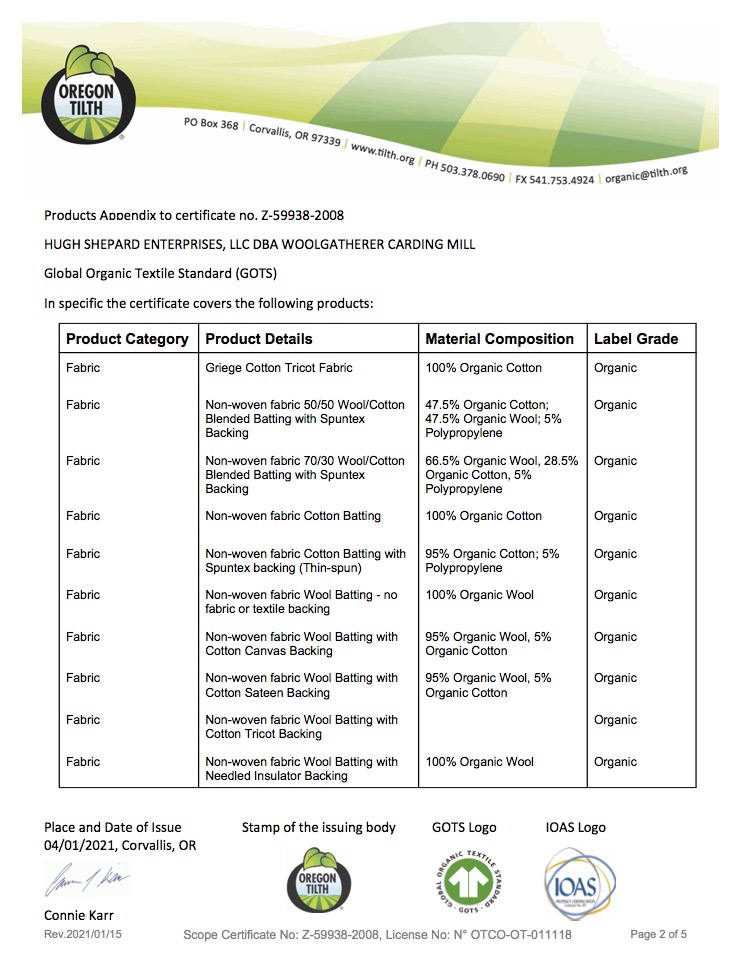 Organic Wool certificate, page 2