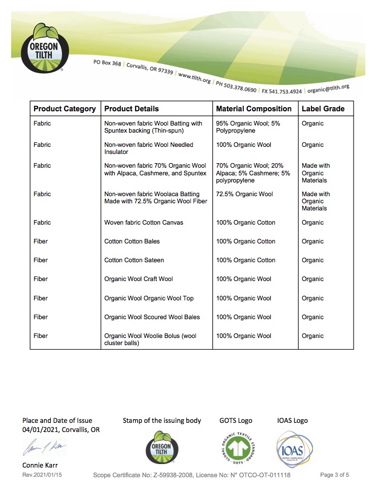 Organic Wool certificate, page 3