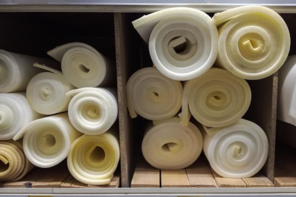Rolls of polyurethane foam stacked in a shelf.