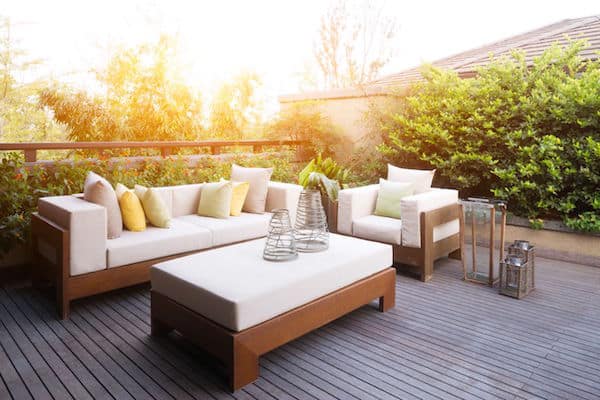 Patio furniture outside on a summer evening