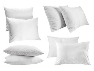 Two white down pillows pictured from side, back and below angles