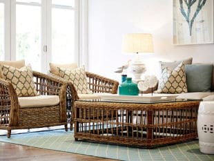 Wooden Couch and table with patterned cushions