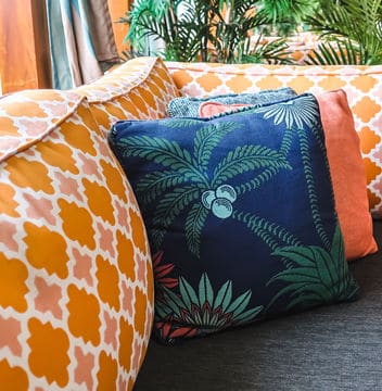 Orange and Blue Cushions on Couch