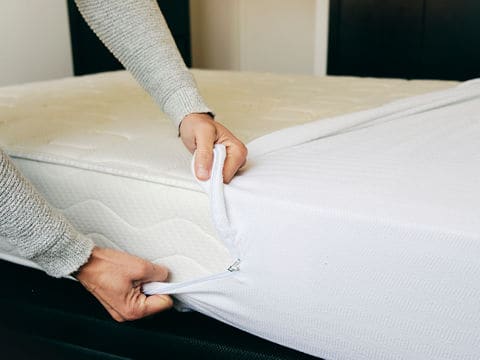 Two hands pulling a white mattress protector up the side of a mattress