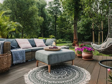 Couch, Ottoman and Hanging Chair with Cushions