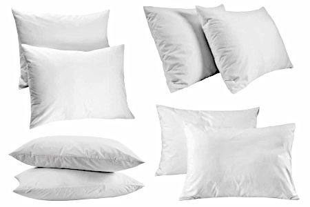 Two white down pillows pictured from side, back and below angles