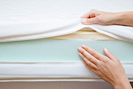 White Mattress Cover unzipped to reveal blue foam inside
