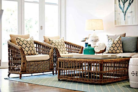 Wooden Couch and table with patterned cushions