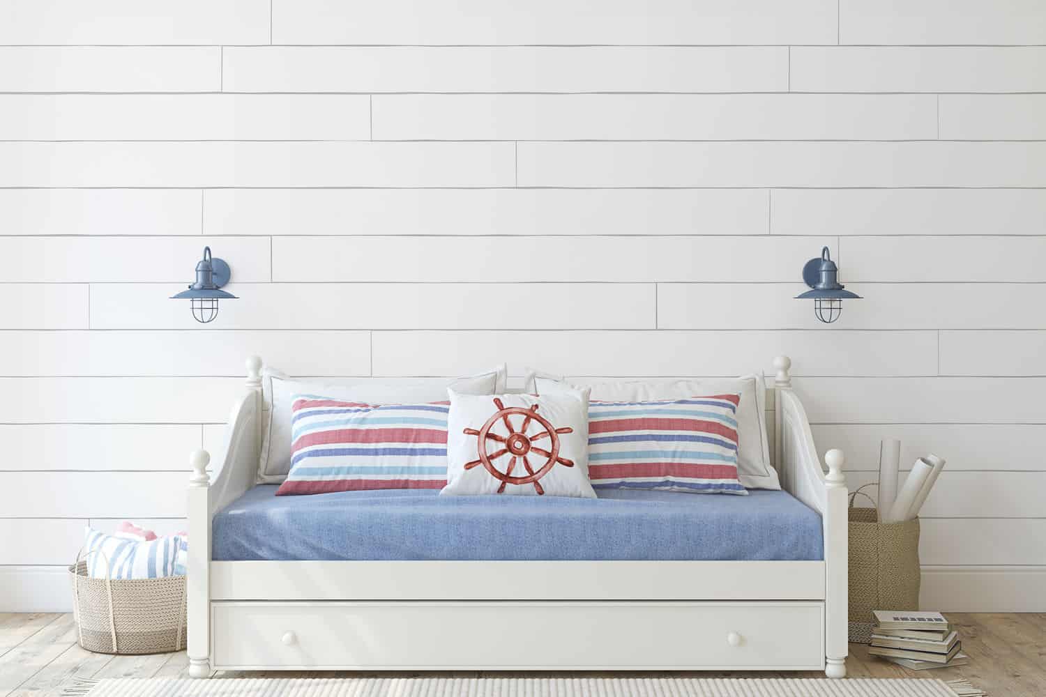 White Daybed with Cushions and Sky Blue Cover