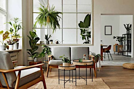 Grey Chair and White Couch with Plants