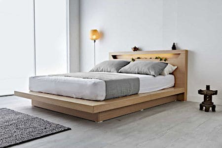 Wooden Bed with White Mattress, Bedsheet, and Pillows