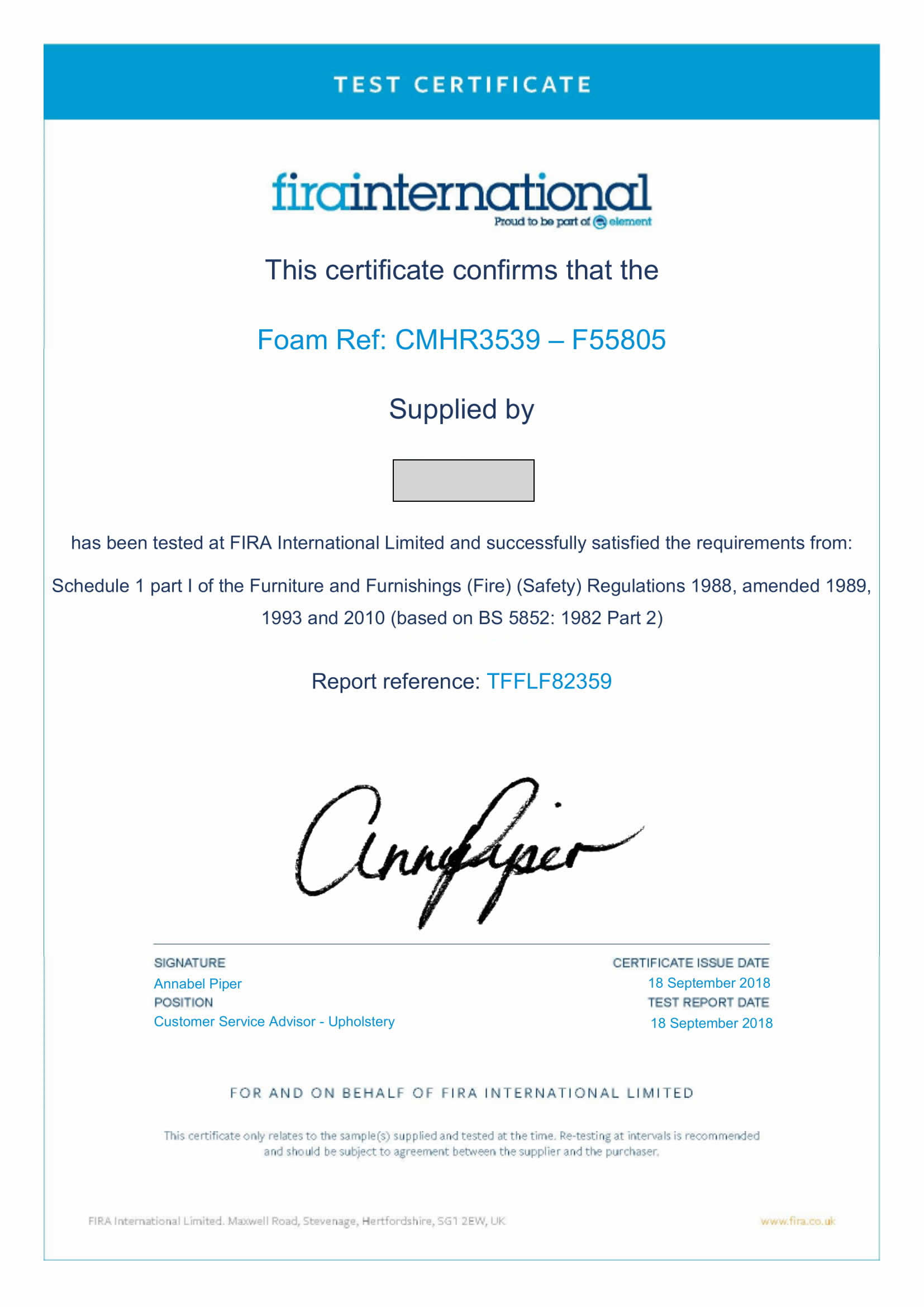 Fira International CMHR-3539 Test Certificate