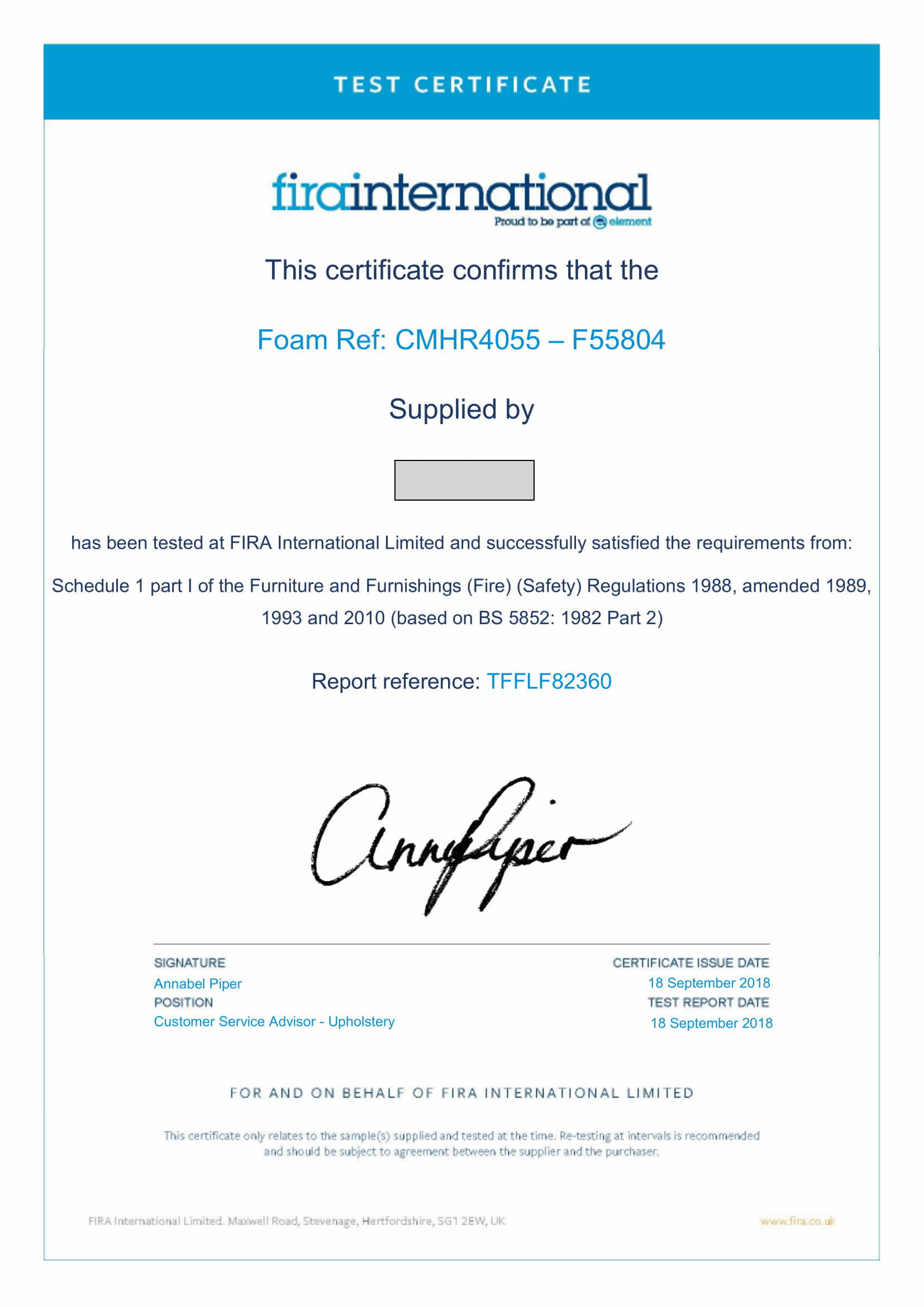Fira International CMHR-4055 Test Certificate