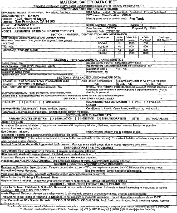 Pro-Tack Material Safety Data Sheet