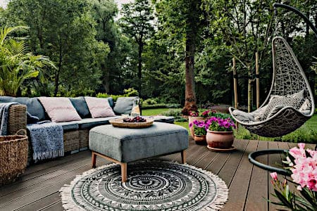 Couch, Ottoman and Hanging Chair with Cushions